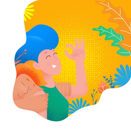 Lagom Swedish life balance, comfort hygge lifestyle concept, vector modern simple flat design. Scandinavian lagom trend style, people in life balance with Ok gestureのイラスト素材