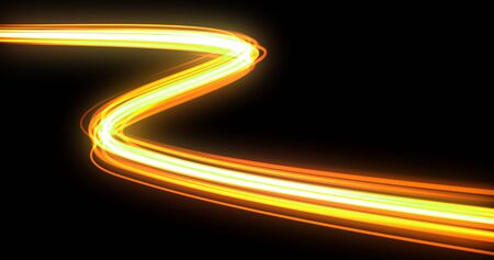 Light wave with trail path, orange neon glowing flash trace. Car lights trace effect, optic fiber glow and magic bright light in motion curve on black backgroundの写真素材