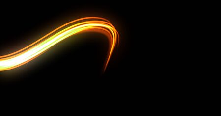 Light wave trail effect, orange neon glow trace, energy flash and fire light path. Magic glow swirl of optical fiber and bright light in motion curve on black backgroundの写真素材