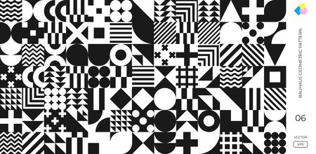 Bauhaus pattern background, vector abstract geometric black and white circle, triangle and square lines. Memphis or Bauhaus Swiss background with monochrome patternのイラスト素材