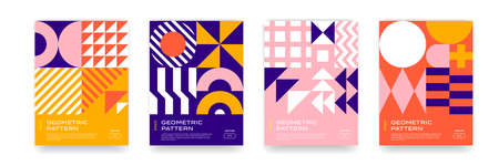 Bauhaus pattern background, abstract geometric minimal vector circle, triangle and square lines art design. Bauhaus Swiss pattern background, abstract color shapes posters setのイラスト素材