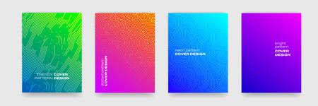 Background patterns with geometric lines and color gradient, abstract vector covers design. Trendy Memphis and jumble maze or liquid color backgrounds, brochures and covers templatesのイラスト素材