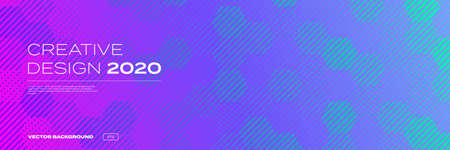 Creative background pattern, halftone color gradient, trendy creative design of 2020, vector. Abstract geometric honeycomb pattern on purple pink neon color, digital technology backgroundのイラスト素材