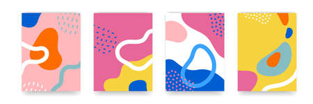 Background pattern, abstract color forms, vector Boho doodle and pop art creative covers design. Modern and retor minimalism trendy pattern background with abstract lines and popart color shapesのイラスト素材