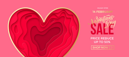 Valentine's day sale banner background. Valentines day papercut with gold heart frame on pink background. Web site banner or greeting card concept.のイラスト素材