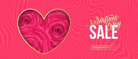 Valentines day sale web banner of valentine red heart with roses on pink background. Vector Valentines day sale text for holiday shop discount promo design template.のイラスト素材
