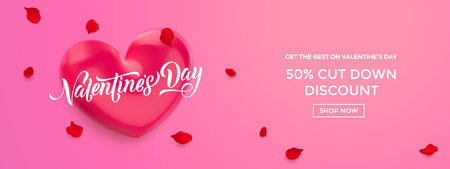 Valentines day sale background. Poster or banner of valentine red heart. Vector Valentines day holiday shop discount promo design template.のイラスト素材