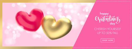 Valentine's day sale banner background. Valentines day gold heart balloon on pink bokeh background. Web site banner or greeting card concept.のイラスト素材
