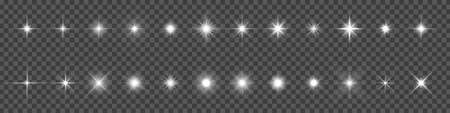 Star light and shine glow, vector sparks and bright sparkles effect on transparent background. Stars flare and starlight flash shine, magic glitter and twinkling starsのイラスト素材