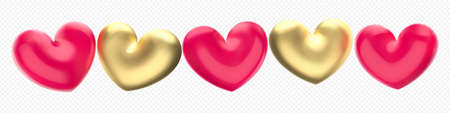 Heart gold balloon 3D vector, red glossy balloons for love wedding and Valentine. Golden glittering heart on transparent backgroundのイラスト素材