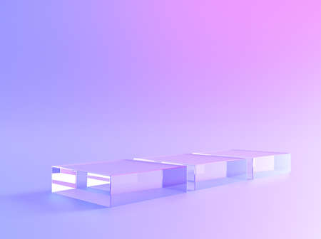 Stand, glass background and crystal cube display, 3d platform. Product display or podium from transparent crystal glass with spotlight, presentation pedestalの写真素材