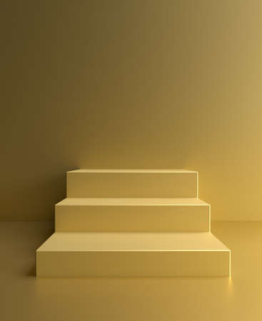 Podium on gold background, golden platform pedestal with stairs, 3d stage. Product display stand render, golden scene or stage stairs to podium platform of box blocksの写真素材