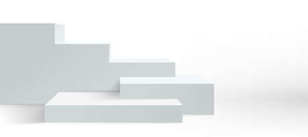Podium background, vector platform pedestal and product display, white 3d. Stage podium or studio display stand stairs of empty block boxes. Front view stairs stageのイラスト素材