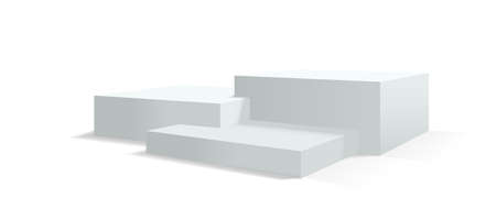 White podium pedestal background, display stand or stage platform background, vector 3d render. White studio podium or product display pedestal, square racked dais platformのイラスト素材