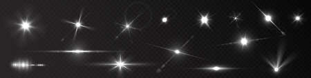 Flash light on black background. Vector glow sparkle effect. Abstract lens flare ignition. Flashing lightsのイラスト素材