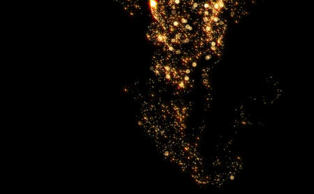Golden light flow trail, wave of sparkling gold particles flow, background. Gold glitter stream effect, abstract magic dust glow and fluid flares shineの写真素材