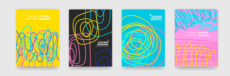 Cover design backgrounds, abstract geometric and color pattern, vector. Wave line shapes, geometric neon liquid fluid flow graphic, art posters and color abstract cover backgroundsのイラスト素材