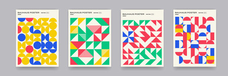 Bauhaus geometric pattern background, vector abstract circle, triangle and square lines art. Yellow, blue, red and green color, trendy Bauhaus pattern backgrounds setのイラスト素材