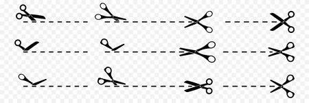 Paper cut icon with dotted line. Vector scissors with cut lines. Vector set of cutting scissors.のイラスト素材