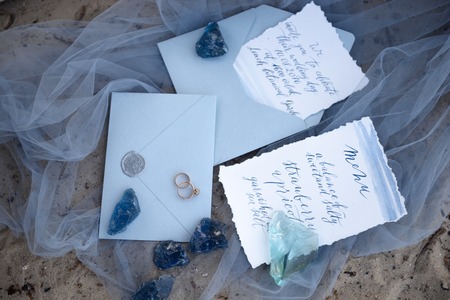 accessories wedding on the beach. accessories wedding on the sand. wedding invitationの写真素材