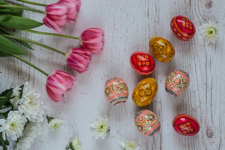 Easter Background with easter eggs and pink tulips on light wooden background.の写真素材