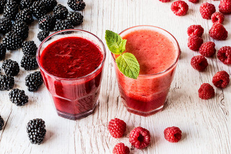 healthy drinks. smoothies with blackberry and raspberry with ingredients on white wooden background