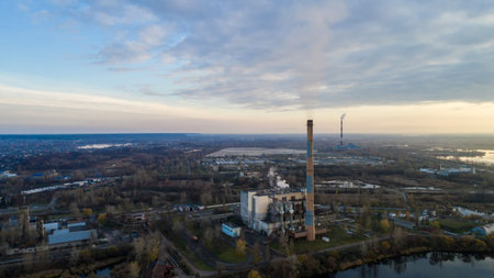Garbage incineration plant. Waste incinerator plant with smoking smokestack. The problem of environmental pollution by factories.の写真素材