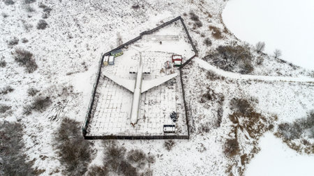 The plane is parked in the forest in winter