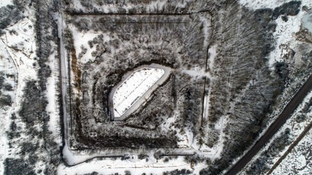 Aerial view of beautiful ancient fortress in forest in winter. Tarakaniv Fort.