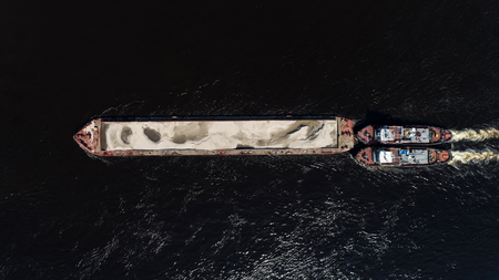 Aerial view of the barge with sand.の写真素材