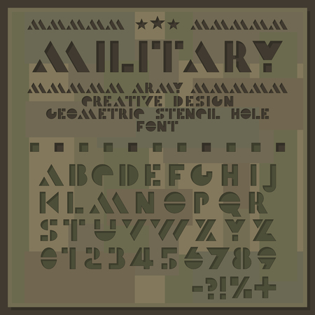 Military stencil font. Rough cut geometric alphabet. Hole letters and numbers sans serif. Creative design.のイラスト素材