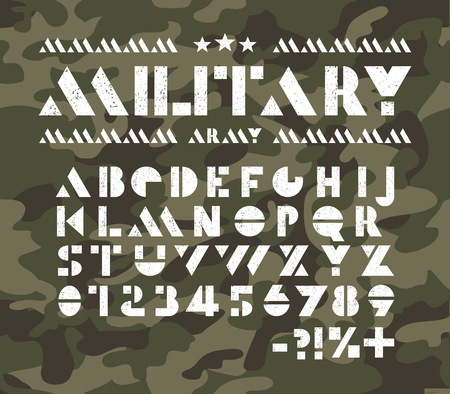 Military stencil font. Rough cut geometric alphabet. Hole letters and numbers sans serif. Creative design.のイラスト素材