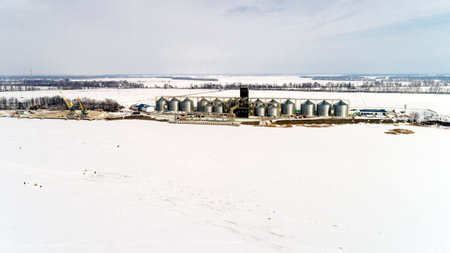 Aerial View of the Big Grain Elevator in Winterの写真素材