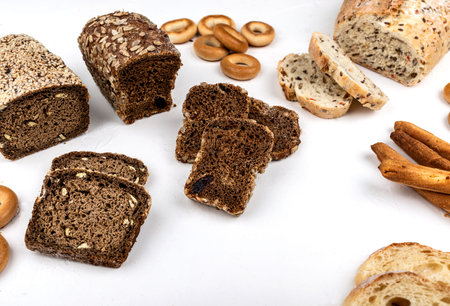 Different types of bread on a white background.
