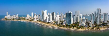 Aerial View of the modern Skyline of Cartagena de Indias in Colombia on the Caribbean coast of South America. Bocagrande district panorama.の写真素材