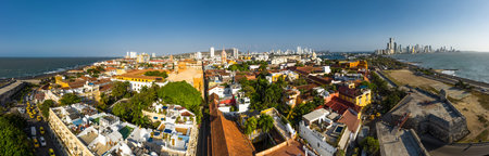 Aerial panoramic view of the historic city center of Cartagena, Colombia. Panorama of the old and...
