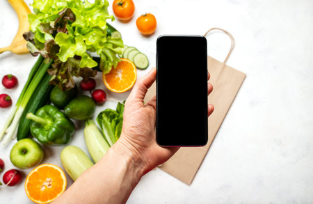 Order, delivery food online. Female hand holding smartphone with blank screen for your text over...