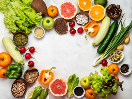 Frame of different vegetables cereals beans. Vegan healthy menu. Top view.の写真素材