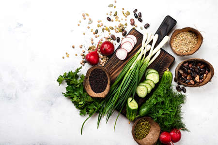 Raw ingredients for cooking vegetarian food. Healthy vegan meal top viewの写真素材