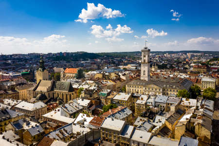 Historic center of Lviv Ukraine on a sunny day aerial view.の写真素材
