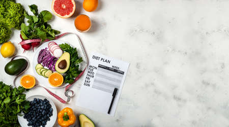 Weight loss program Diet plan and set fresh products. Top view Copy space.の写真素材