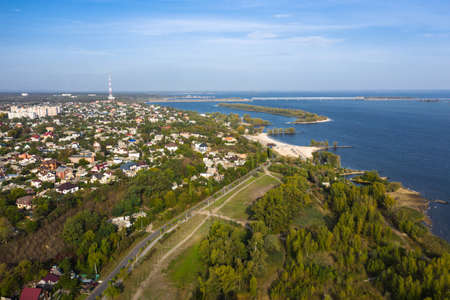 The Cherkasy city beautiful aerial panorama view of the Dnieper river.の写真素材