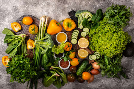 Ingredients for cooking healthy vegan food. Top view.の写真素材