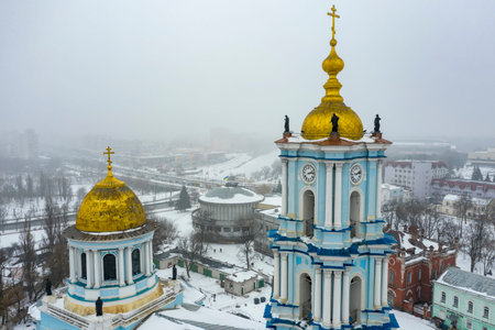 The Sumy city in the winter aerial view