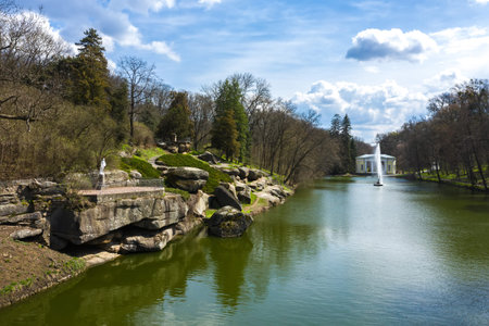 Landscape lake with fountain in the park of Sophia aerial view.の写真素材
