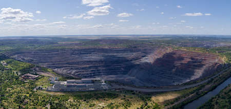 Open Pit Iron Ore Quarry Panoramic Industrial Landscape Aerial Panorama Viewの写真素材