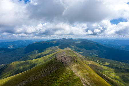 Tourists on the top of Mount Hoverla aerial viewの写真素材