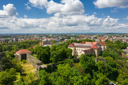 The Uzhgorod castle in the summer aerial panorama city viewの写真素材
