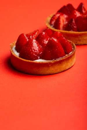 Strawberry tarts with custard on red backgroundの写真素材
