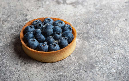Blueberry tart on grey background close-upの写真素材